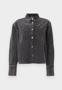 Grey denim jacket with long sleeves, front button closure, two chest pockets, and a classic collar. Textured fabric with a slightly faded finish.