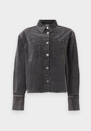 Grijze denim jack met lange mouwen, knoopsluiting aan de voorkant, twee borstzakken en een klassieke kraag. Textuurstof met een licht vervaagde afwerking.