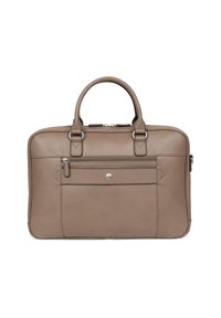 Borsa per laptop in pelle marrone con due manici superiori, tasca frontale con zip, hardware color argento e sottili dettagli di cucitura. Texture liscia, forma rettangolare.