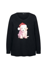 Schwarzes Langarm-T-Shirt mit V-Ausschnitt, das einen bedruckten pinkfarbenen Welpen mit einem rot-weißen Weihnachtsmannhut zeigt, auf dem schwarzen Stoff.