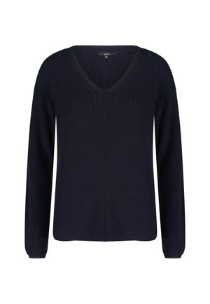 Maglione a V in maglia di colore blu navy con maniche lunghe, texture a coste e dettagli con cuciture diagonali sui lati. Realizzato in un tessuto morbido e elasticizzato.