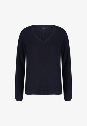 Maglione a V in maglia di colore blu navy con maniche lunghe, texture a coste e dettagli con cuciture diagonali sui lati. Realizzato in un tessuto morbido e elasticizzato.