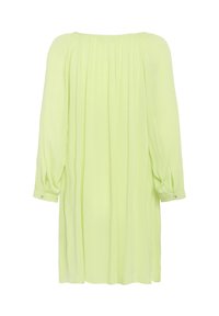Blouse verte clair à manches longues avec une coupe ample. Présente un tissu froncé aux épaules et des poignets boutonnés, fabriquée dans un matériau doux et léger.