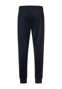 Pantalones de chándal azul marino hechos de una tela suave, con una cinturilla elástica, tobillos ajustados y una textura lisa. Sin patrones visibles.