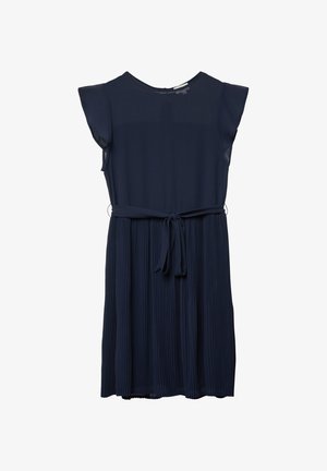 Robe plissée bleu marine avec manches courtes évasées, encolure ronde, et ceinture à la taille pour un ajustement personnalisé. Haut lisse, jupe texturée.