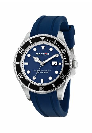 Orologio da polso Sector con quadrante blu, lancette argento, finestra della data alle 3, lunetta girevole nera e cinturino in gomma blu, resistente all'acqua fino a 100 metri.