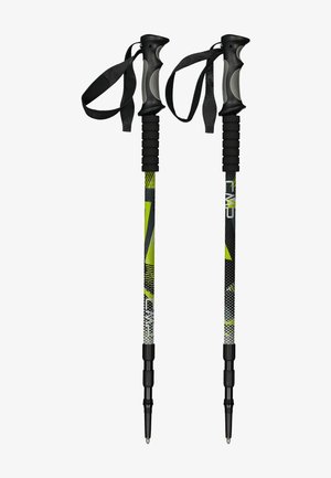 Regulowane kijki trekkingowe z czarnymi gumowymi uchwytami, teksturowanymi rączkami oraz wzorzystą trzpieni w zielonym, czarnym i białym kolorze z akcentami.