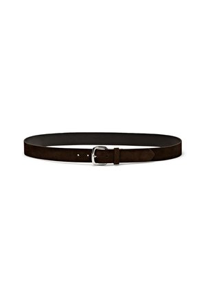Brown suede belt with a smooth leather backing, featuring a silver-toned metal buckle and several adjustment holes for sizing.