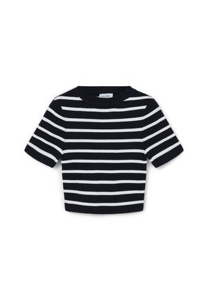 Top a maniche corte a righe in blu navy e bianco, con scollo rotondo e design corto, caratterizzato da una texture liscia e lavorata a maglia.