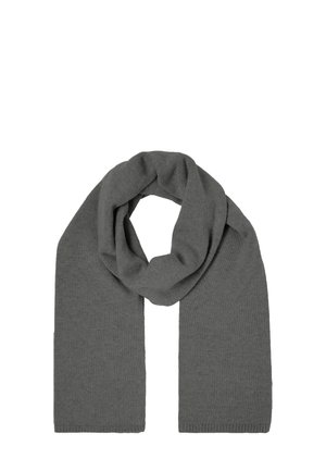 Gray knit scarf, soft texture, long rectangular shape, wrapped in a loop. Features a smooth finish with no visible patterns or accents.