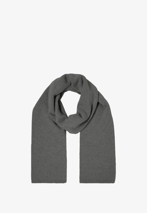 Grijze gebreide sjaal, zachte textuur, lang rechthoekig van vorm, in een lus gewikkeld. Beschikt over een gladde afwerking zonder zichtbare patronen of accenten.