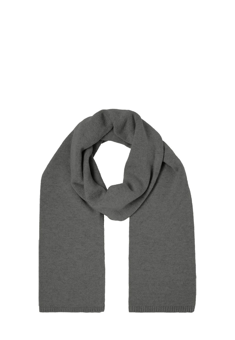 Gray knit scarf, soft texture, long rectangular shape, wrapped in a loop. Features a smooth finish with no visible patterns or accents.