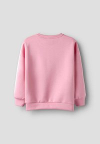Sudadera rosa con cuello redondo, mangas largas con puños elásticos y dobladillo acanalado. Textura suave sin patrones o gráficos visibles.