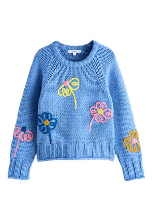 Blauer gestrickter Pullover mit bunten geschlungenen Blumenmustern in Gelb, Pink und Blau auf Vorderseite und Ärmeln.