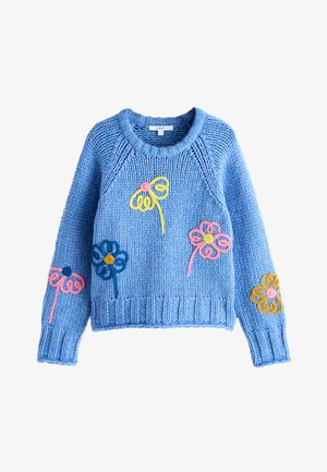 Blauer gestrickter Pullover mit bunten geschlungenen Blumenmustern in Gelb, Pink und Blau auf Vorderseite und Ärmeln.