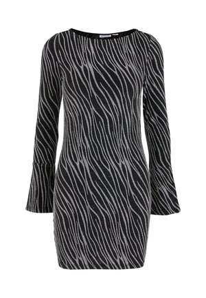 Schwarzes Langarmkleid mit einem silbernen wellenförmigen Muster, ausgestellten Ärmeln und einem runden Ausschnitt. Der Stoff hat einen leichten Glanz.