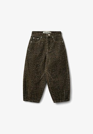 Pantalon court taille haute à imprimé léopard marron et noir, poches avant, fermeture à boutons et plis près de l'ourlet.