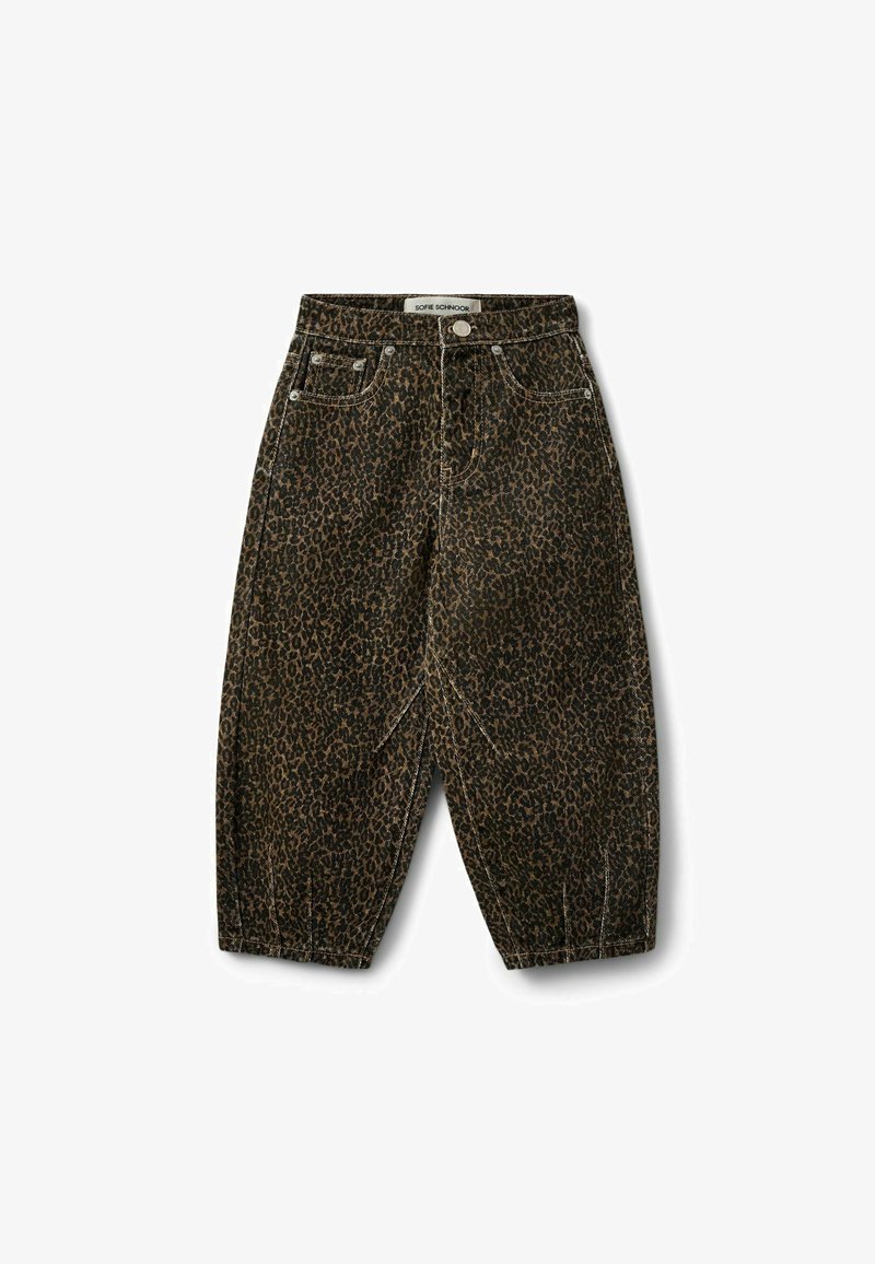 Pantalon court taille haute à imprimé léopard marron et noir, poches avant, fermeture à boutons et plis près de l'ourlet.