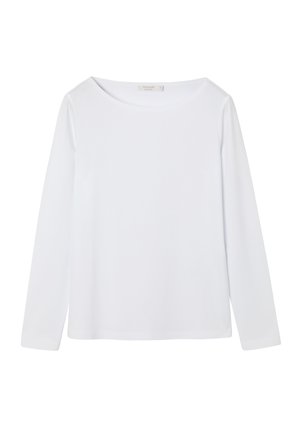 Valkoinen pitkähiha paita leveällä kaula-aukolla. Valmistettu sileästä kankaasta. Ominaisuuksina rento istuvuus ja selkeä, yksinkertainen muotoilu ilman näkyviä kuvioita.