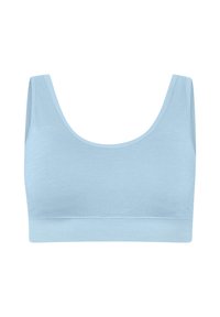 Jasnoniebieski bezszwowy biustonosz braletka z szerokimi ramiączkami, dekoltem w serek oraz teksturowanym, elastycznym materiałem. Bez wypełnienia ani drutów. Miękka elastyczna taśma pod biustem.