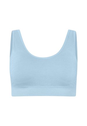Bralette seamless azzurro chiaro con spalline larghe, scollo a U e un tessuto testurizzato e morbido. Senza imbottitura né ferretto. Fascia elastica morbida sotto.