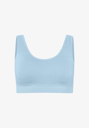 Lyseblå sømløs bralette med brede stropper, scoop-udskæring og et tekstureret, strækbart stof. Ingen polstring eller metaltråde. Blød elastisk underbånd.