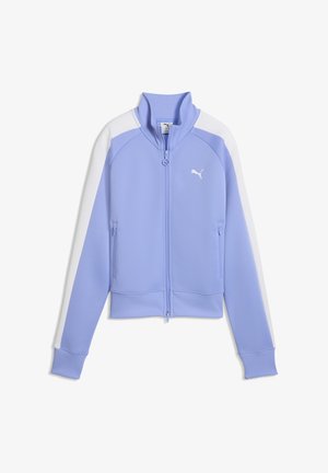 Svetlofialová šušťáková bunda na zips s bielymi pruhmi na rukávoch, rebrovanými manžetami a lemom a logom Puma na hrudi.