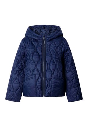 Veste matelassée bleu marine avec capuche, fermeture éclair à l'avant et deux poches latérales, conçue pour la chaleur et le port décontracté.