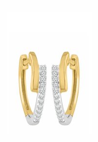 Kolczyki koła ze złota i srebra, ozdobione rzędami przezroczystych kamieni szlachetnych po jednej stronie, z gładkim, polerowanym wykończeniem i zaokrąglonym kształtem.