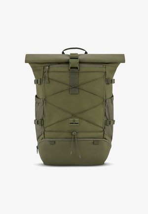 Olive green roll-top backpack with a textured finish, adjustable straps, front zip pocket, and bungee cord detail for added storage.