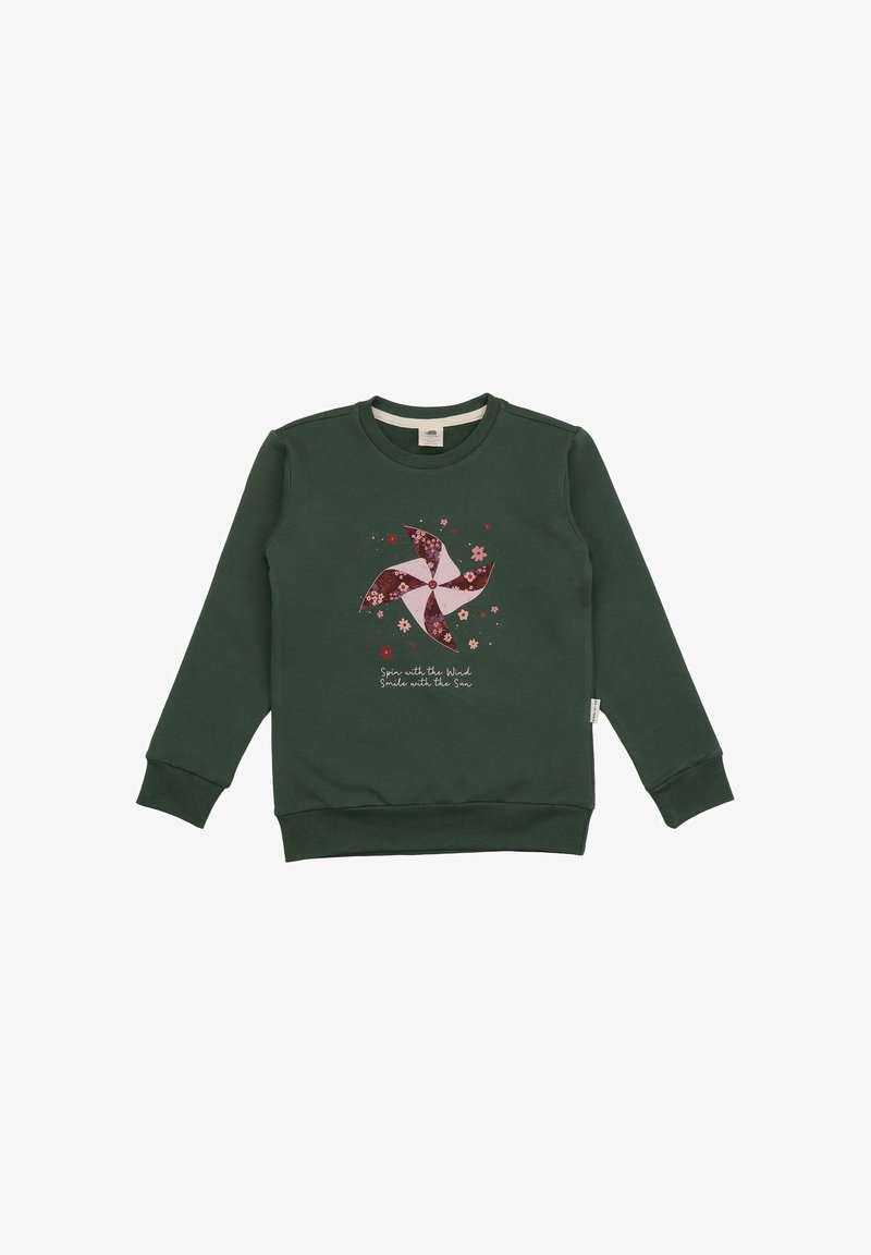 Grüner Sweatshirt mit langen Ärmeln, gerippten Bündchen und rundem Ausschnitt. Mit einem Windmühlendesign in Pink- und Rottönen sowie floralen Akzenten.