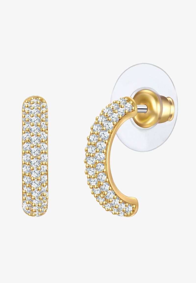 Zlati uhani izjavnega stila, ki združujejo okrogle in pravokotne oblike. Oboje okrašeno s prozornimi, okroglimi kristali, ki zagotavljajo teksturiran zaključek.