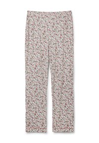 Bloemachtige pyjamabroek van een lichte stof, met een roze en groene bloemenpatroon op een witte achtergrond, elastische tailleband en rechte benen.