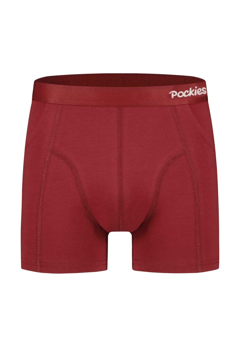 Boxer-briefs en coton rouge avec une taille plate arborant le logo "Pockies". Texture lisse et design ergonomique avec une poche avant de soutien.