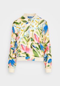 Blomster bomberjakke med en creamfarvet base og mønstre i pink, blå og grøn akvarel, lynlåslukning og beige ribbede ærmer og kant.