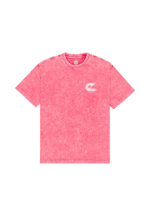 Rosa Baumwoll-T-Shirt mit lockerem Schnitt, Rundhalsausschnitt und kurzen Ärmeln. Verwaschene Struktur und kleines Logo auf der Brust.