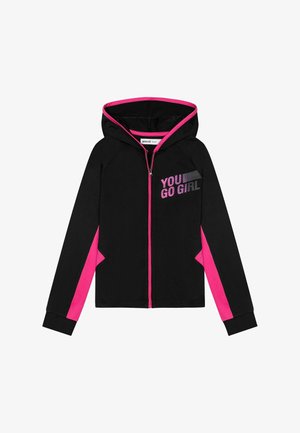 Hoodie zippé noir avec un intérieur et des accents roses. Présente des panneaux latéraux roses et le texte imprimé "YOU GO GIRL" en argent sur le devant.