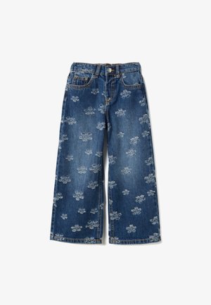 Wijde blauw denim broek met bloemvormige slijtage, voorzien van een knoopsluiting, riemlussen en achterzakken. Klassiek ontwerp met 5 zakken.
