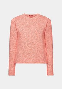 Vaaleanpunainen pyöreäkauluksinen neule ohutneuloksesta, jossa on teksturoitu kuvio, pitkät hihat ja hieman lyhennetty helma.