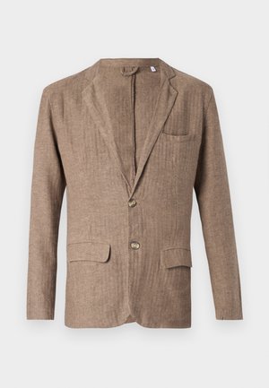Brown linen blazer with a notch lapel, two front pockets, one chest pocket, and single-button closure, featuring a textured finish.