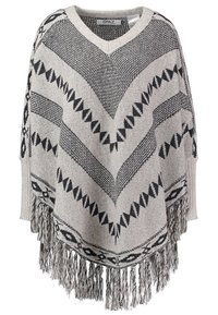 Szary i czarny dziany ponczo z geometrycznym wzorem, dekoltem w serek, długimi rękawami i frędzlami u dołu.