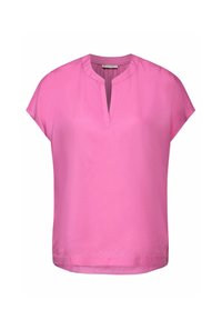 Blusa rosa a maniche corte con scollatura a V, realizzata in tessuto morbido, con una vestibilità comoda e un design minimalista.