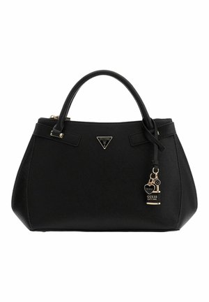 Borsa nera in materiale sintetico texturizzato, con doppi manici, dettagli in metallo color oro e accenti con logo e un ciondolo decorativo.