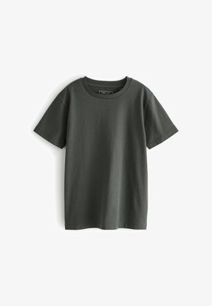 Donkergrijs katoenen T-shirt met korte mouwen en een ronde halslijn. Eenvoudig ontwerp, zachte textuur en geen zichtbare patronen of accenten.