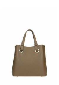 Braune Lederhandtasche mit zwei kurzen Griffen, goldenen Hardware-Akzenten und einer strukturierten Form. Texturierte Oberfläche mit einer genoppten Optik.