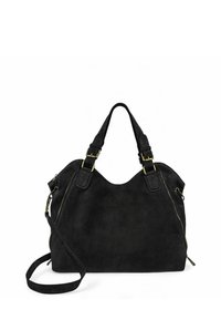 Sac à main en daim noir avec deux poignées supérieures, une bandoulière amovible et des garnitures dorées. Comprend une poche latérale zippée.