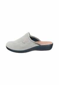 Grey suede slip-on clog with a black sole and a subtle silver logo accent. Rounded design and cushioned insole for comfort.