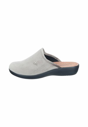 Grey suede slip-on clog with a black sole and a subtle silver logo accent. Rounded design and cushioned insole for comfort.