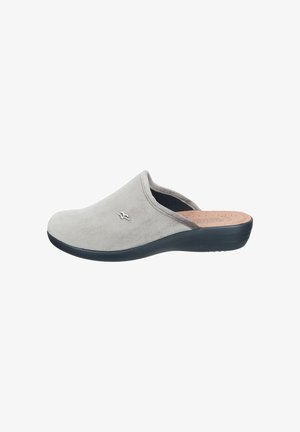 Grey suede slip-on clog with a black sole and a subtle silver logo accent. Rounded design and cushioned insole for comfort.