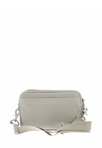 Borsa a tracolla grigia con texture, dotata di due scomparti con cerniera, tracolla regolabile e dettagli in metallo. Design compatto e rettangolare.